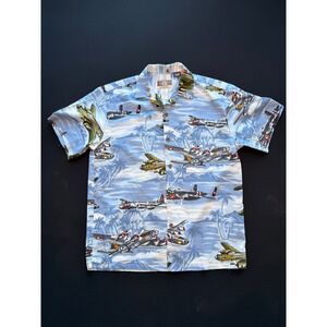 Kalaheo Military Hawaiian Shirt Men Small Blue Rayon Airplane Aviation Aloha WW2